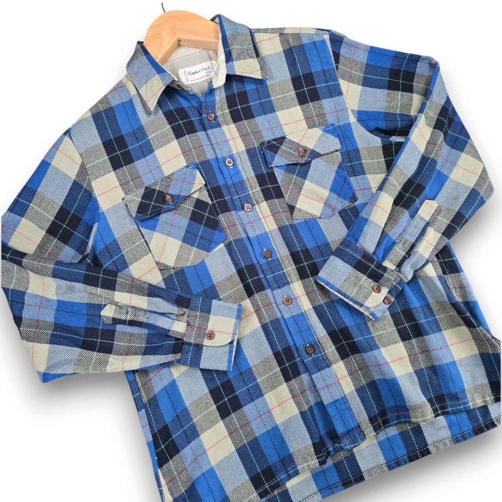 1970s Lumberjack Brand Mens Large Blue Plaid Flannel Shirt Acrylic L/S Button Up